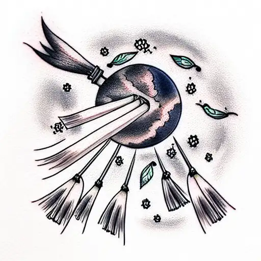broom with moon and fox tattoo design idea