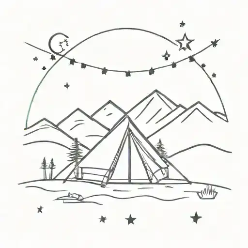 A minimalist tattoo of a silhouette of a tent under the night sky, with stars shining above, reflecting your passion for camping in the wilderness tattoo design idea