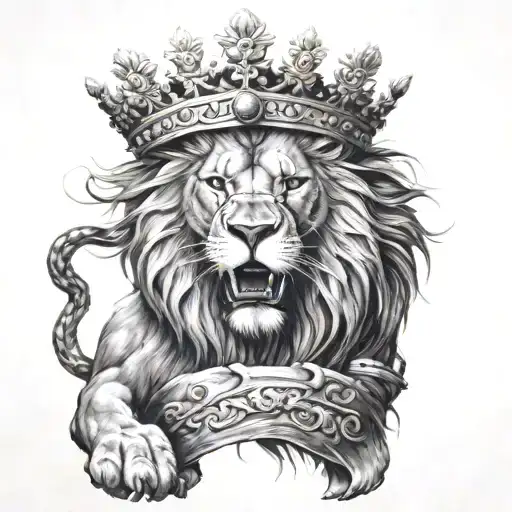 lion wearing a crown with 2 swords crossing tattoo design idea