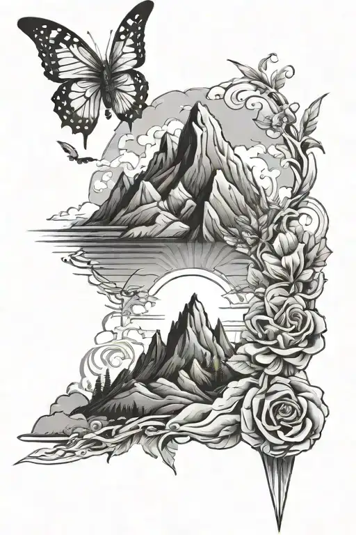 mountain, sword, butterfly and smoke  tattoo design idea
