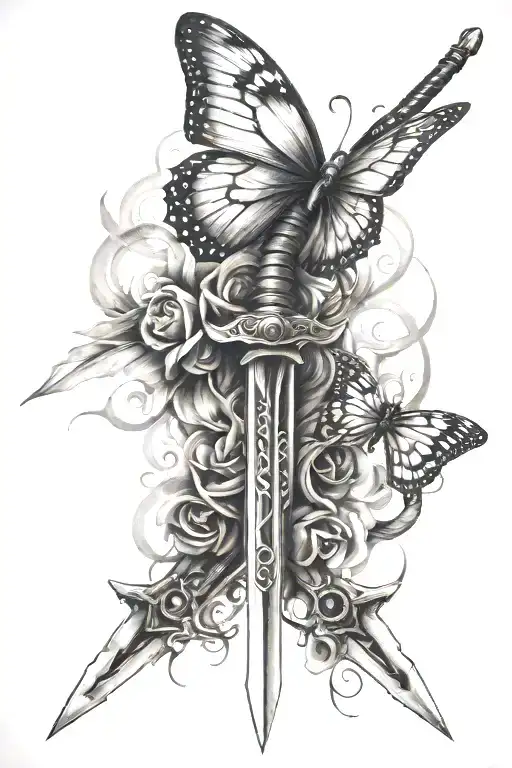 sword, butterfly and smoke  tattoo design idea