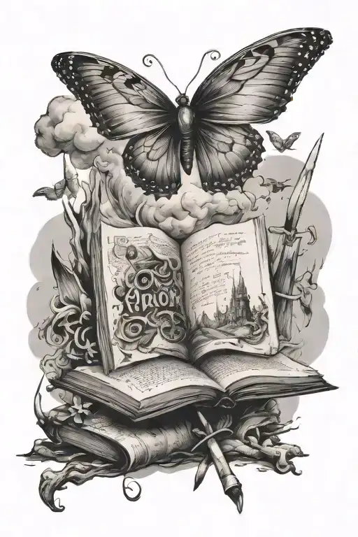 book open in front, words, butterfly, mountain, smoke and swords  tattoo design idea