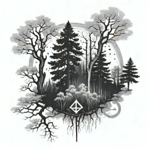 A dotwork tattoo of a mystical forest scene with a hidden Air Force symbol among the trees tattoo design idea