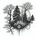 A dotwork tattoo of a mystical forest scene with a hidden Air Force symbol among the trees tattoo design idea
