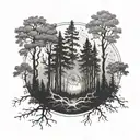 A dotwork tattoo of a mystical forest scene with a hidden Air Force symbol among the trees tattoo design idea