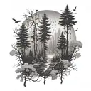 A dotwork tattoo of a mystical forest scene with a hidden Air Force symbol among the trees tattoo design idea