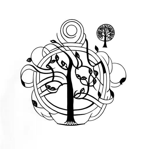 A minimalist tattoo of a tree of life intertwined with rings symbolizing the strong bond between mother, brother, and sister tattoo design idea
