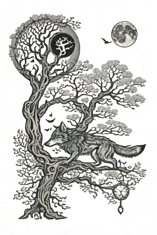 A detailed tattoo of a Tree of Life with a wolf howling at the full moon, incorporating an hourglass in the background tattoo design idea