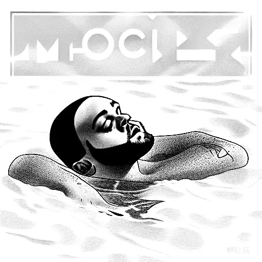 an accurate Mac Millers swimming album cover but he has a slight smile and is holding up a peace sign on his right hand tattoo design idea