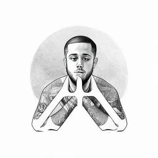 Mac Millers swimming album cover but he has a slight smile and is holding up a peace sign on his right hand tattoo design idea