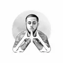 Mac Millers swimming album cover but he has a slight smile and is holding up a peace sign on his right hand tattoo design idea