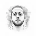 Mac Millers swimming album cover but he has a slight smile and is holding up a peace sign on his right hand tattoo design idea