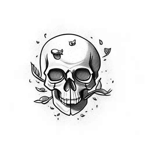 realistic skull with cherry blosom petal flower falling and old broken pocket watch tattoo design idea