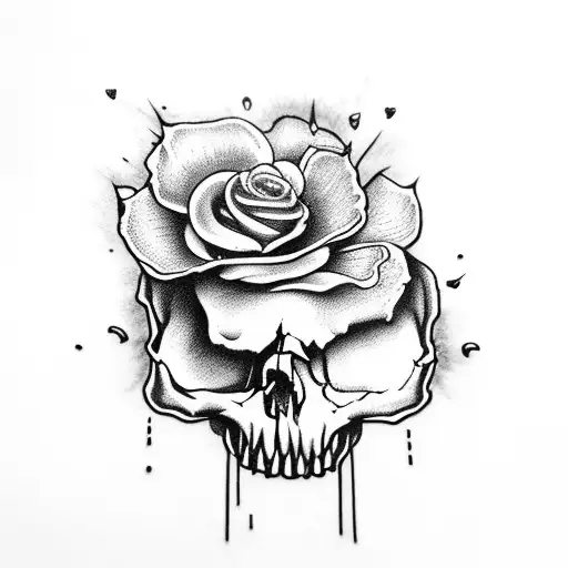 realistic skull with cherry blosom petal flower falling   tattoo design idea
