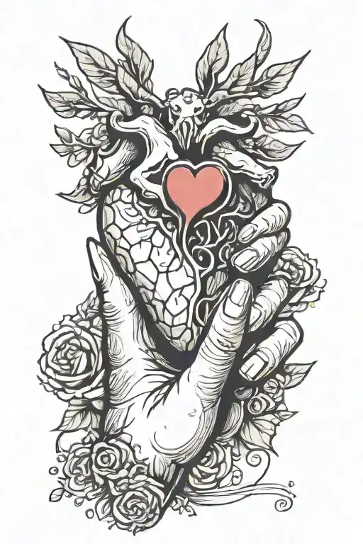 hand holding stone with carved out heart missing ring finger tattoo design idea