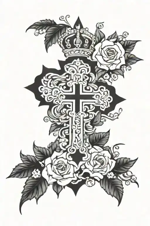 Catholic Cross flowers crown tattoo design idea