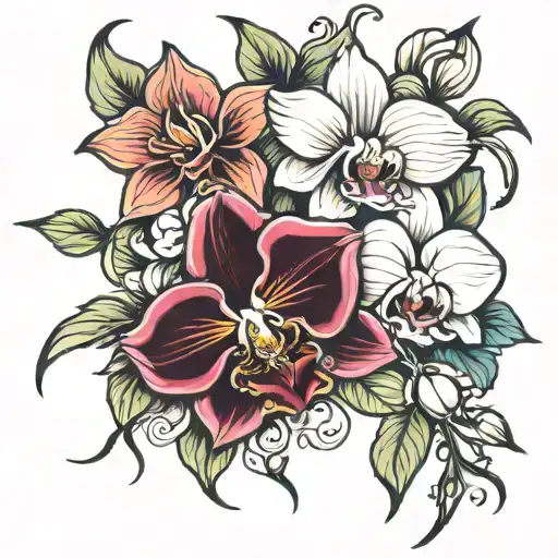 intertwined roses and orchid flower tattoo design idea