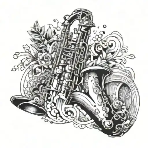Incorporate a saxophone into a surrealistic music-themed sleeve design tattoo design idea