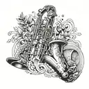 Incorporate a saxophone into a surrealistic music-themed sleeve design tattoo design idea