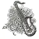 Incorporate a saxophone into a surrealistic music-themed sleeve design tattoo design idea