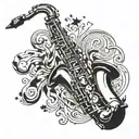 Incorporate a saxophone into a surrealistic music-themed sleeve design tattoo design idea