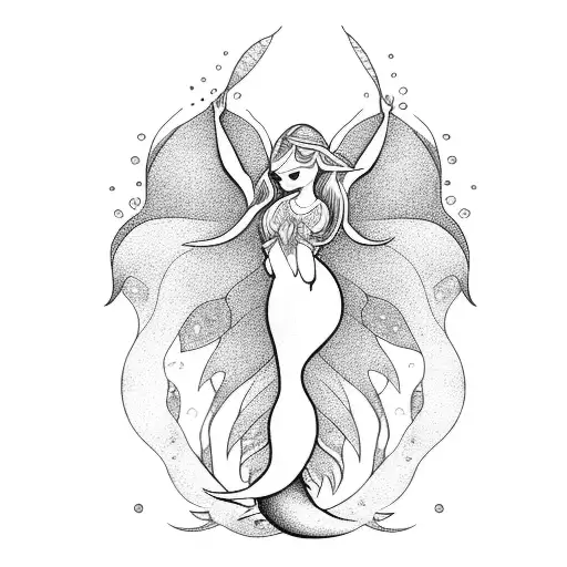 Mermaid and fairy touching hands tattoo design idea