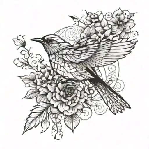 robin flying, sunlower, vines, flowers tattoo design idea