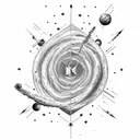 Arrow that starts as a tree and goes trough the galaxy then the milky way then the map of earth that has a blue eye init tattoo design idea