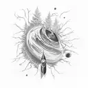 Arrow that starts as a tree and goes trough the galaxy then the milky way then the map of earth that has a blue eye init tattoo design idea