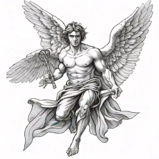 male angel with wings who flies smoothly and looks up tattoo design idea