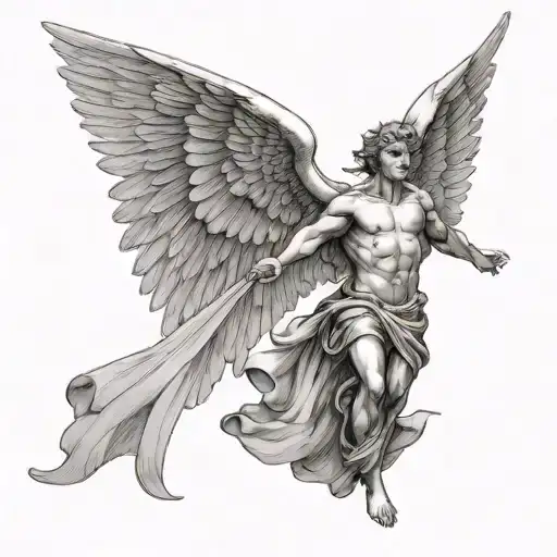 male angel with wings who flies smoothly and looks up tattoo design idea