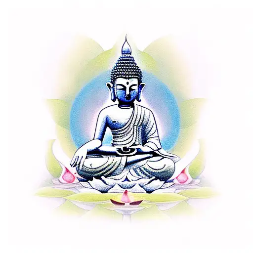 A serene Buddha in the lotus position, wearing Majora's Mask, surrounded by little Psilocybe cubensis mushrooms tattoo design idea