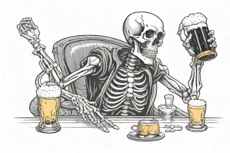 a skeleton at a bar with a beer in his hand and with the other hand on his head saying my life is fucked tattoo design idea