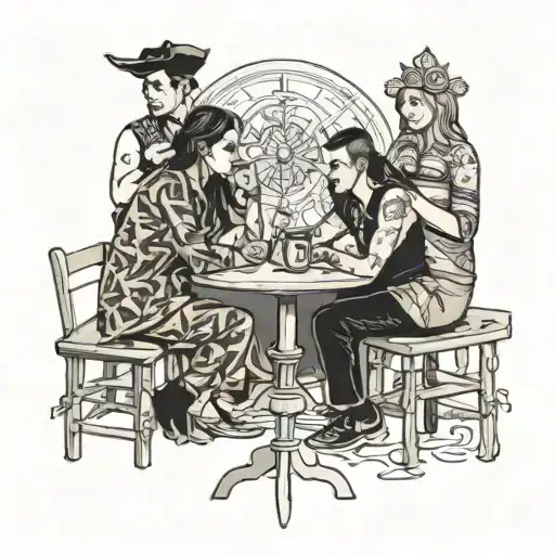 four people sitting at a table  tattoo design idea