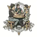 four people sitting at a table  tattoo design idea