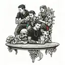 four people sitting at a table  tattoo design idea