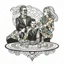four people sitting at a table  tattoo design idea