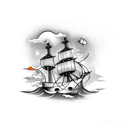 Pirate ship riding the ocean and lightning above  tattoo design idea