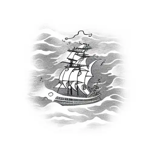 Pirate ship riding the ocean and lightning above  tattoo design idea