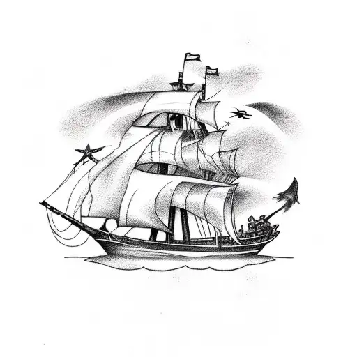 Pirate ship riding the ocean and lightning above  tattoo design idea