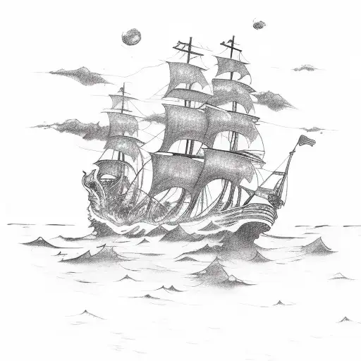 Pirate ship riding the ocean and lightning above  tattoo design idea