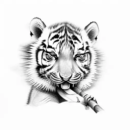 Tiger cub with stick in mouth tattoo design idea