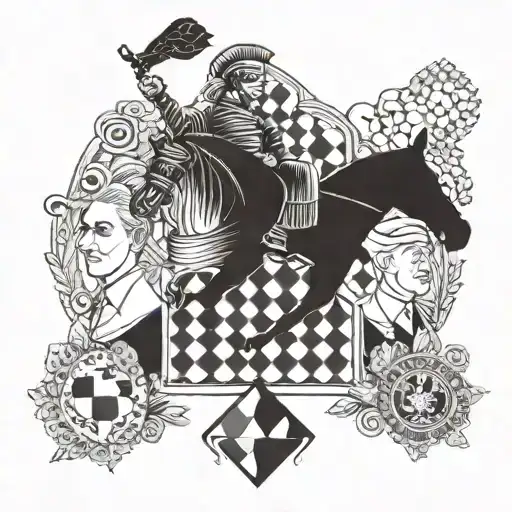 A tattoo symbolizing leadership and strategy, featuring a chessboard with historical figures like Alexander the Great and Ataturk as pieces, in dotwork style tattoo design idea