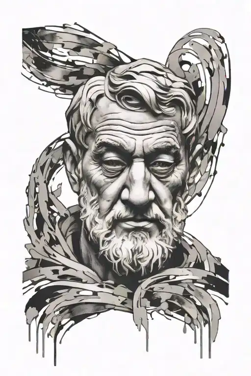 A tattoo inspired by poetry and art, incorporating a portrait of Aristotle surrounded by abstract brush strokes, in black-grey style tattoo design idea