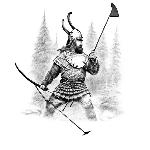 A fierce Viking warrior hunting with a bow and arrow in a dense forest tattoo design idea