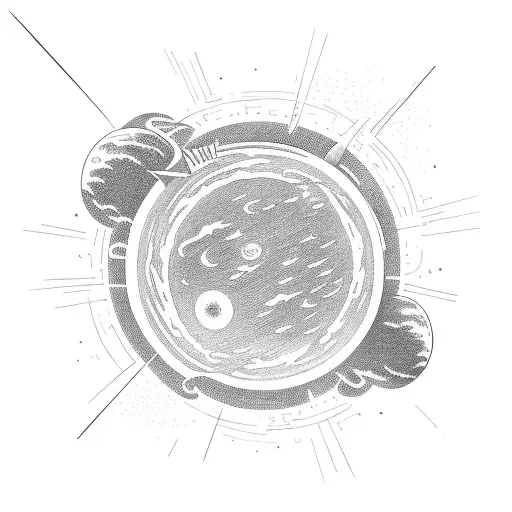 Planet exploding with a small aircraft leaving its atmosphere in a straight trajectory, to the left, at an angle of 45 d tattoo design idea