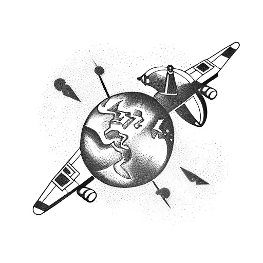 Planet exploding with a small aircraft leaving its atmosphere in a straight trajectory, to the left, at an angle of 45 d tattoo design idea