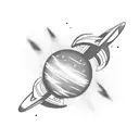 Planet exploding with a small aircraft leaving its atmosphere in a straight trajectory, to the left, at an angle of 45 d tattoo design idea