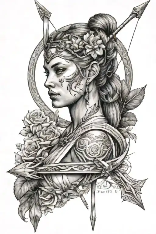 Artemis goddess, crescent moon, bow and arrow  tattoo design idea