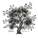 A family tree with the names Lukas, Leonie, Sofia, Marie, Eliana, and Philipp Lincoporated into the branches and leaves tattoo design idea